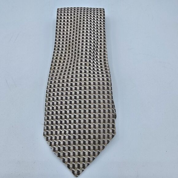 Jhane Barnes 100% Silk Necktie Designer Geometric Tan White, 58 X 4 Inch Vintage - Picture 2 of 6